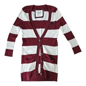 Vtg Y2K Abercrombie & Fitch Striped Knit Long Cardigan Maroon White Size Small
